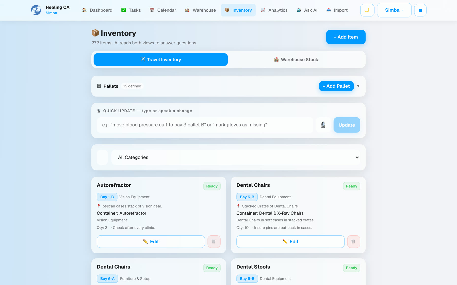 Smart inventory — 270+ items by bay, pallet and kit weight
